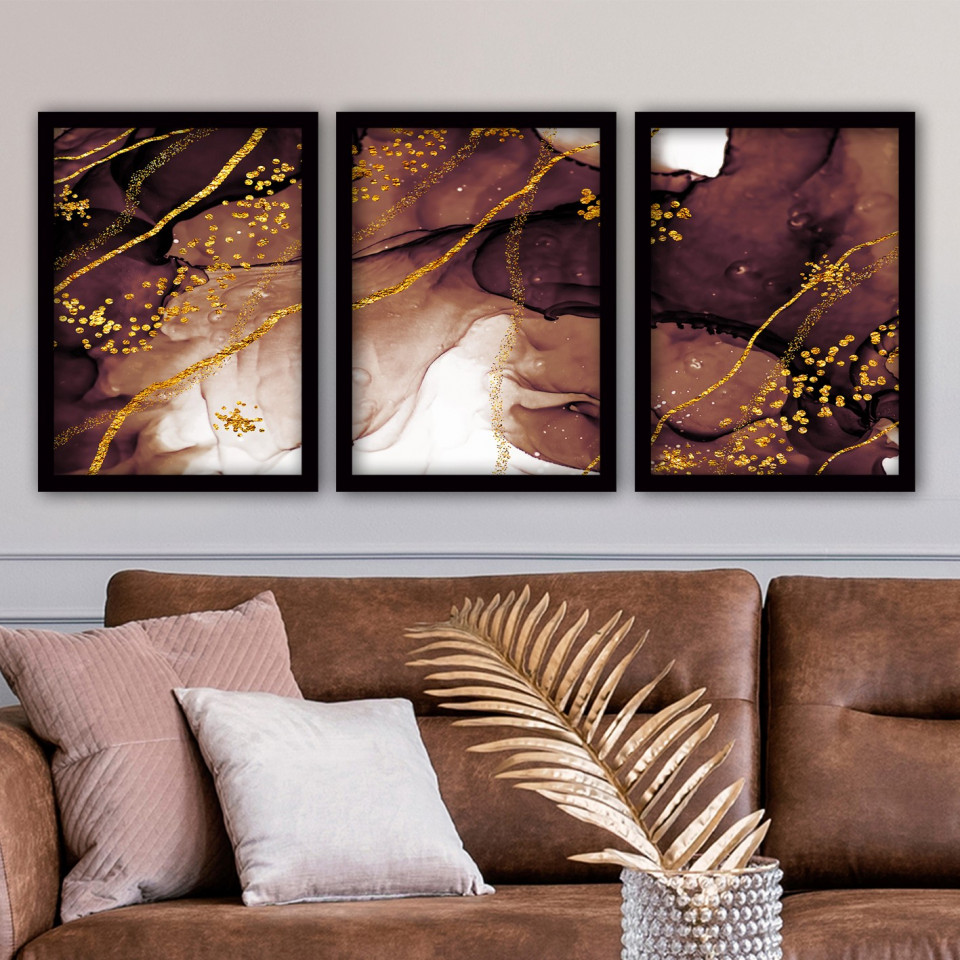 Set de 3 tablouri Lulu, lemn, negru/maro/auriu, 35 x 45 cm image1