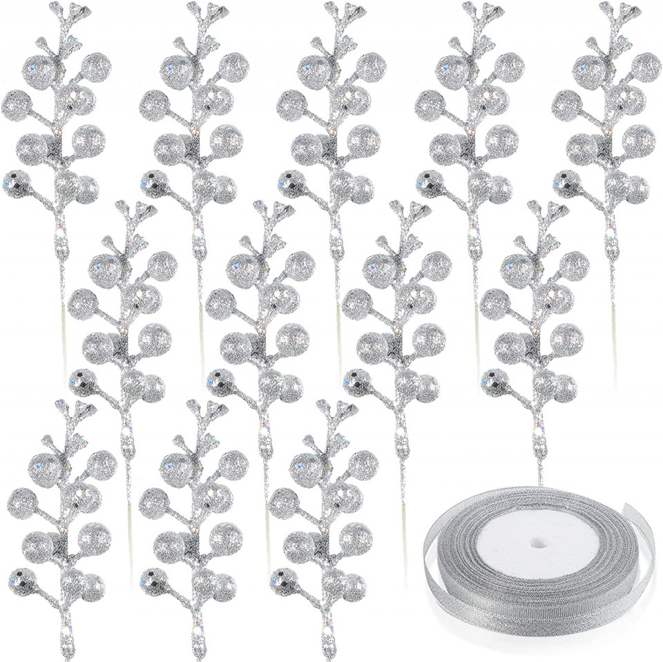 Set de 30 flori pentru bradul de Craciun Geosar, plastic, argintiu, 17 cm