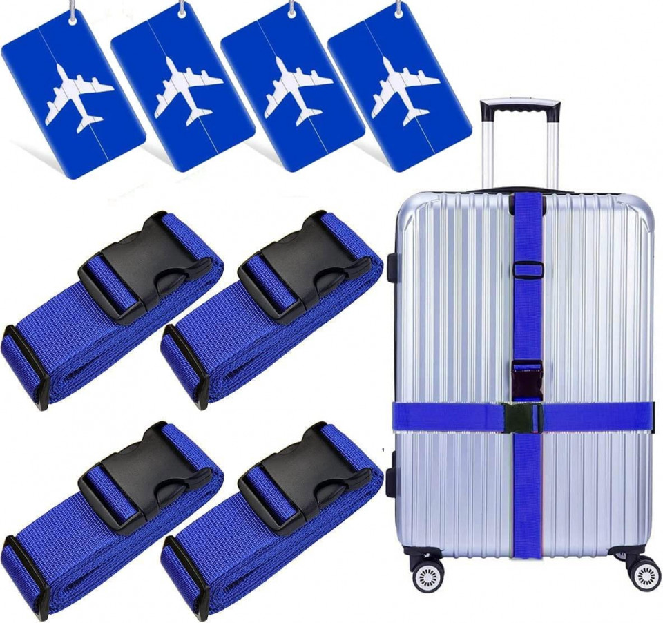 Set de 4 curele si 4 etichete pentru troller Travoola, poliester, albastru, 120-180 cm