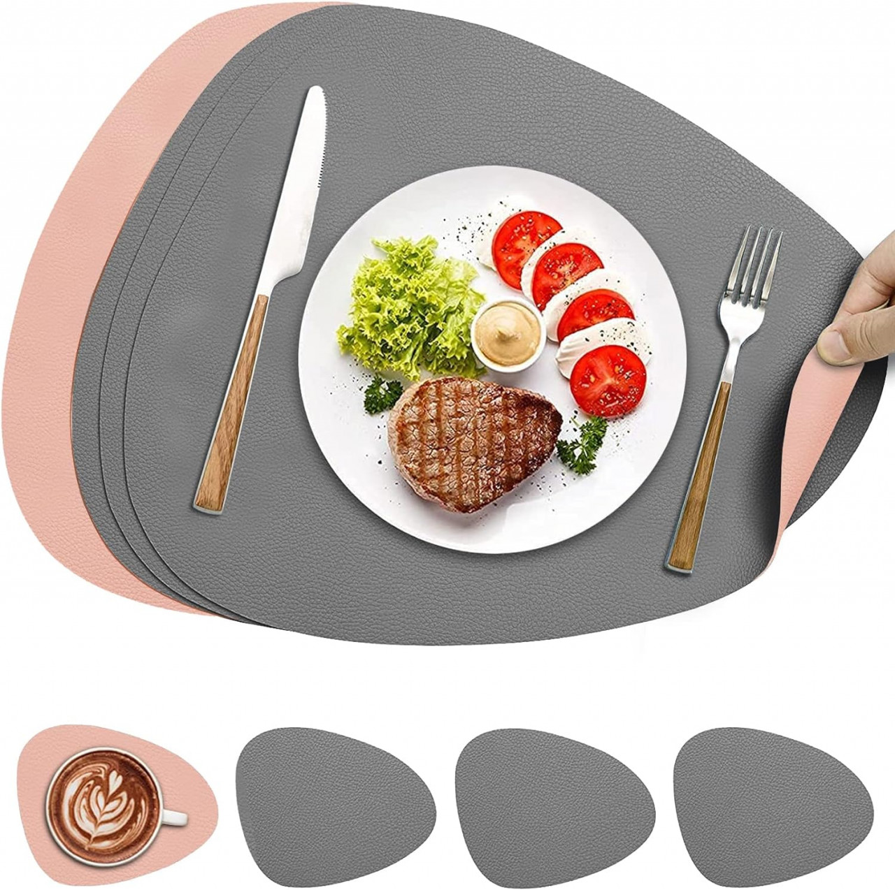 Set de 4 naproane pentru tacamuri/farfurii si 4 naproane pentru pahare CALIYO, PVC, roz/gri