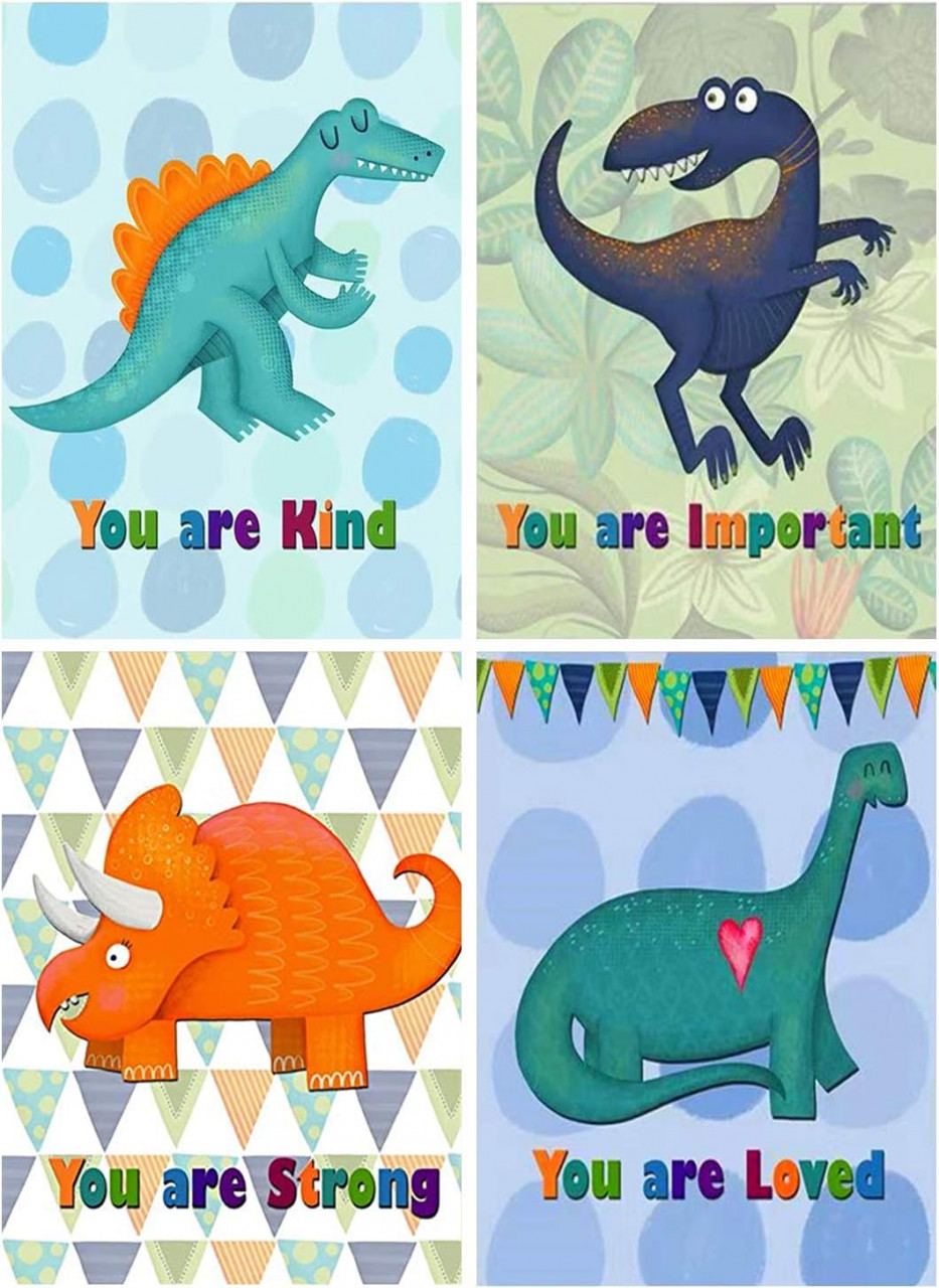 Set de 4 picturi cu diamante Tishiron, model dinozauri, rasina, multicolor, 30 x 40 cm