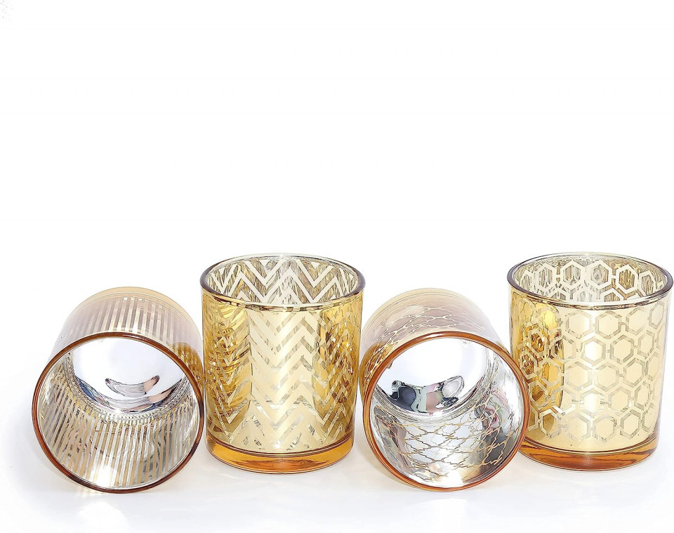 Set de 4 suporturi pentru lumanari Flanacom, sticla, auriu, 7 x 8 cm auriu pret redus