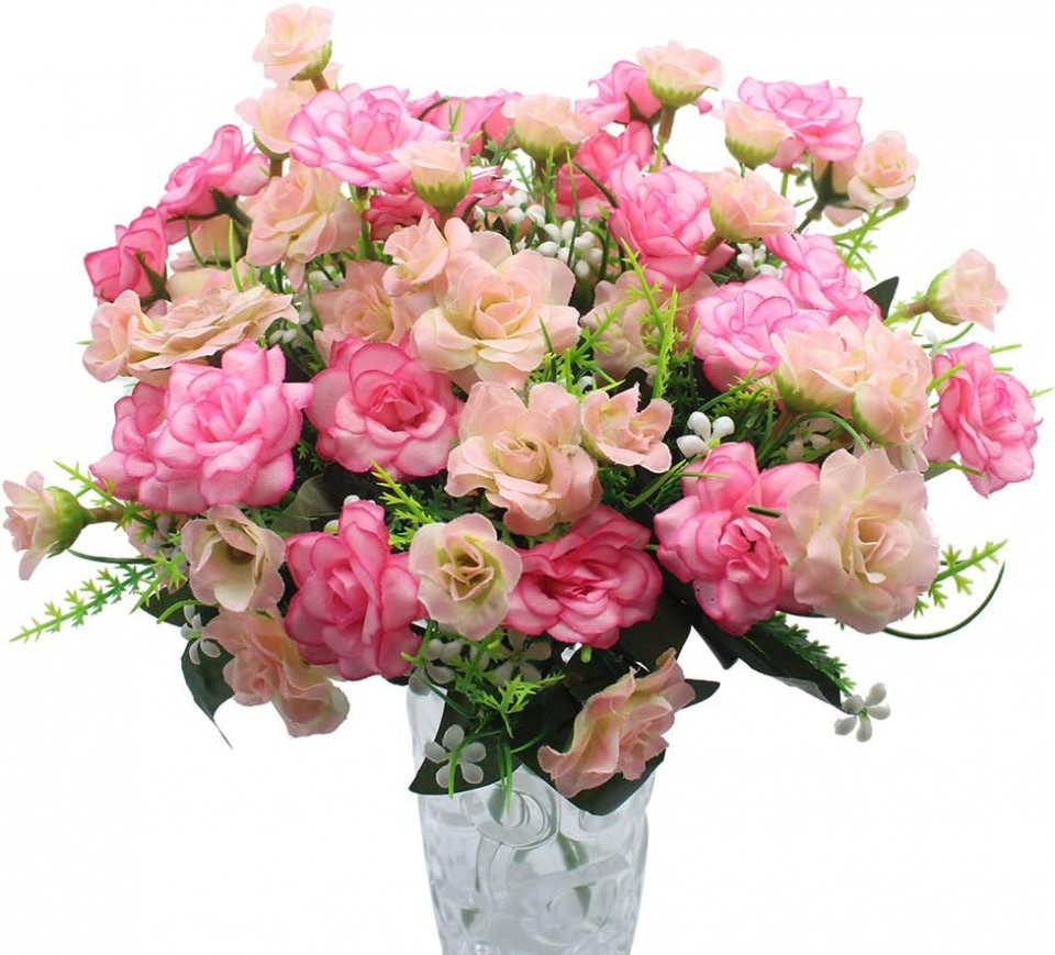 Set de 4 trandafiri artificiali JaneYi , verde/ roz, matase/ plastic