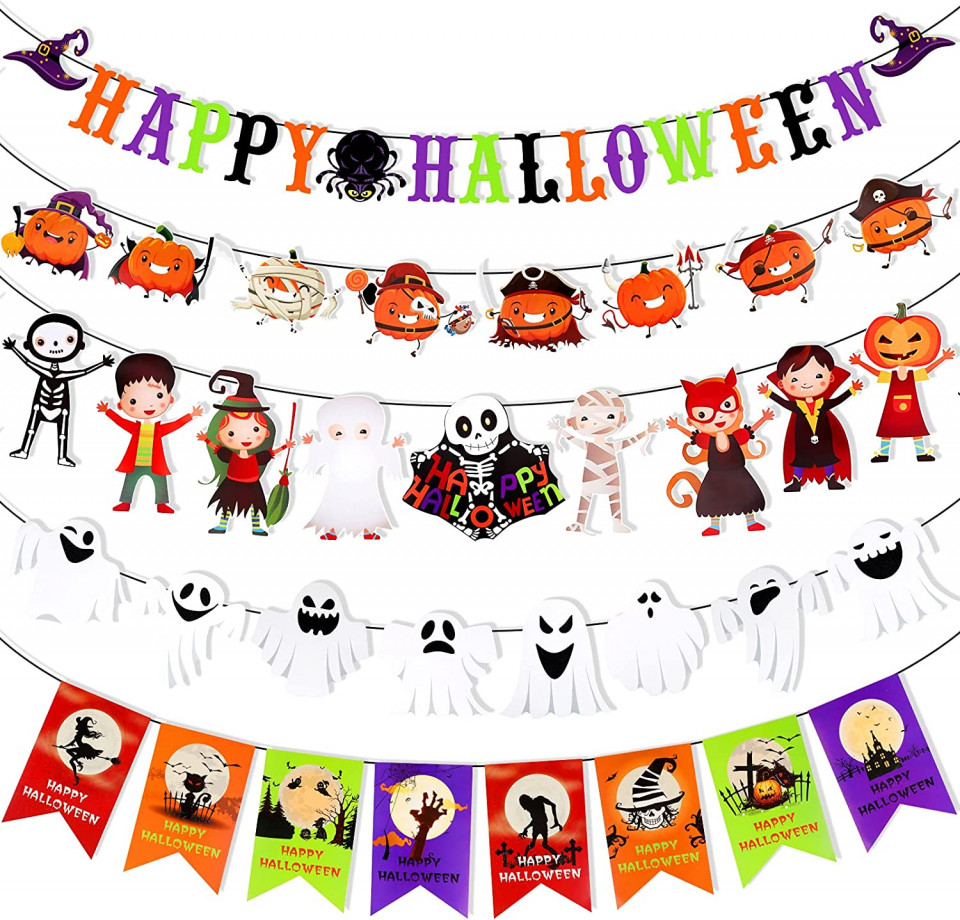 Set de 5 decoratiuni pentru Halloween Qpout, carton, multicolor chilipirul-zilei.ro/ imagine 2022