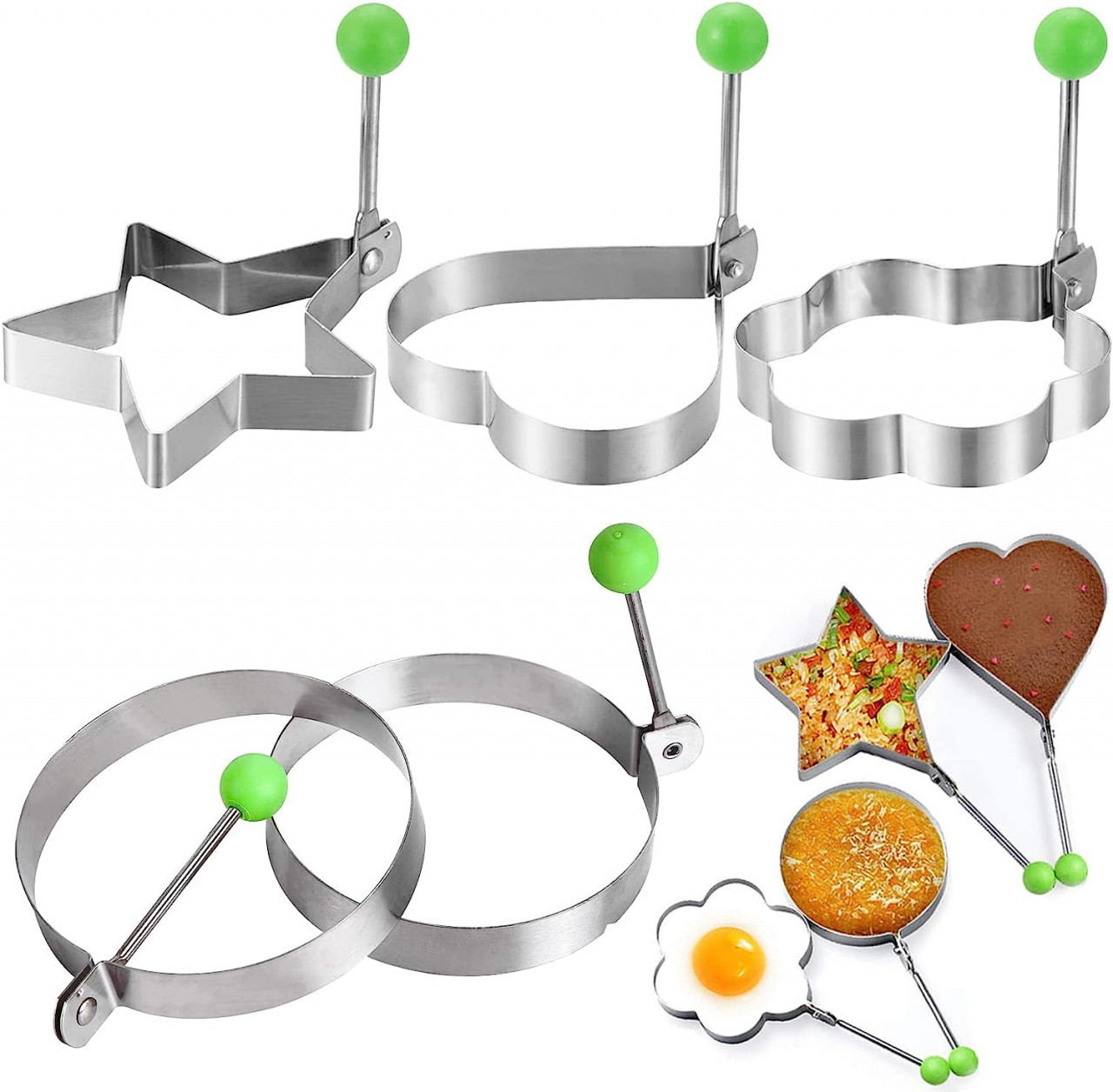 Set de 5 inele pentru oua/clatite Sinzau, otel inoxidabil, argintiu/verde, 9,5-10,5 cm