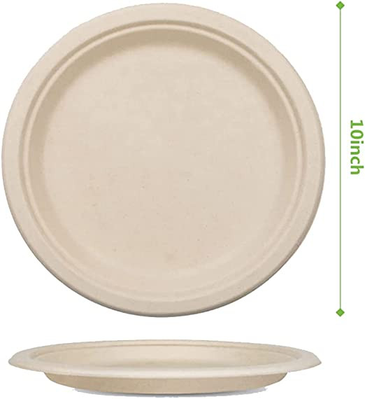 Poze Set de 50 farfurii de unica folosinta TRADENCT, biodegradabile, fibra din trestie de zahar, crem, 25 cm