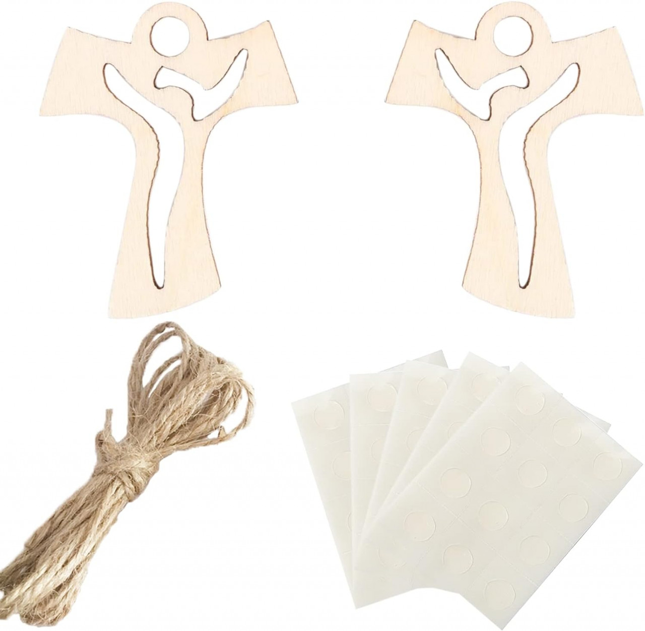 Set de 50 pandative cruce cu autocolante si rola de franghie pentru botez Azexcy, lemn/textil/hartie, natur/alb, 4 x 3,3 cm