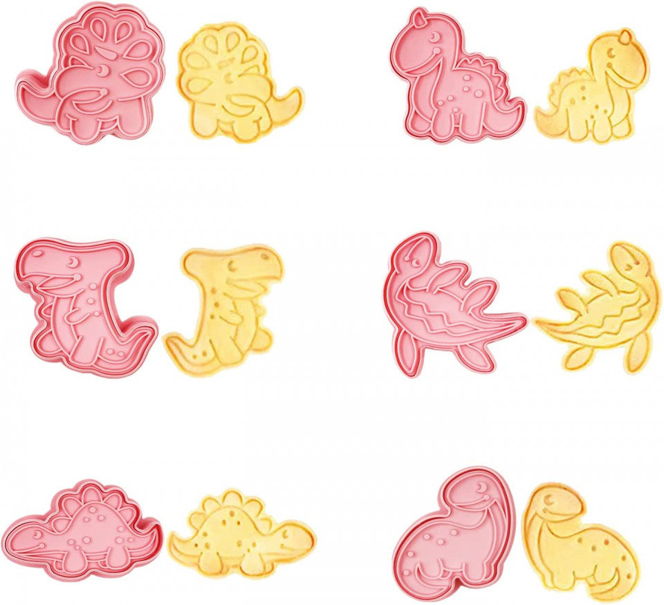 Set de 6 forme pentru biscuiti LUCTHY, model dinozauri, polipropilena, roz biscuiti