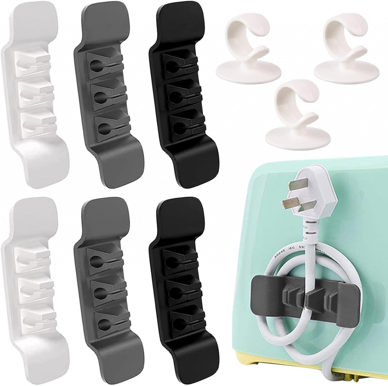 Set de 6 organizatoare si 3 carlige pentru cabluri Wohnlebe, cauciuc, alb/negru/gri, 10 x 3 x 1,5 cm