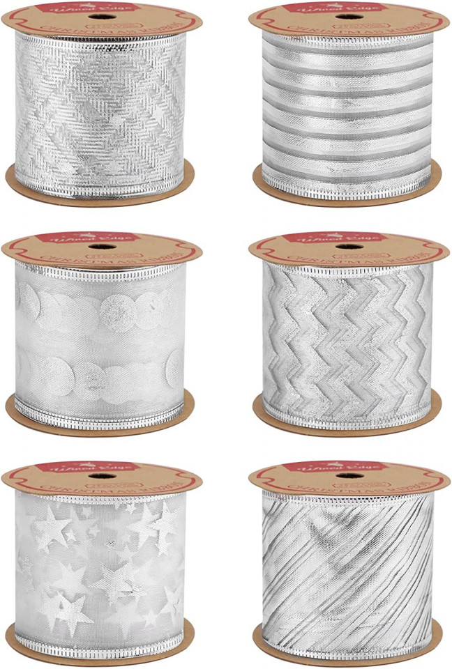 Set de 6 role de panglica pentru cadouri de Craciun Jodsen, textil, argintiu, 6 m x 63 mm
