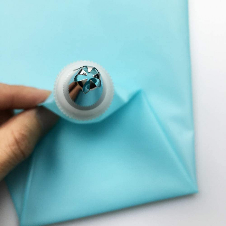 Poze Set de 8 duze si sac pentru glazura torturi/prajituri, AukCherie, argintiu/albastru, otel inoxidabil/silicon