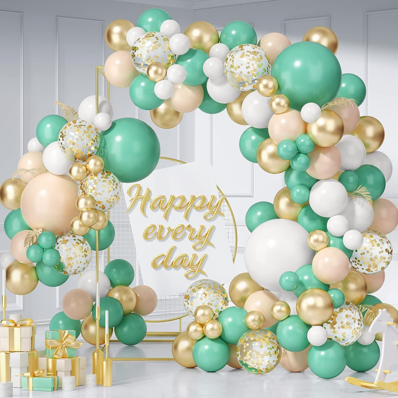 Set de baloane pentru arcada BIIOONES, latex, alb/auriu/verde, 123 piese chilipirul-zilei.ro/