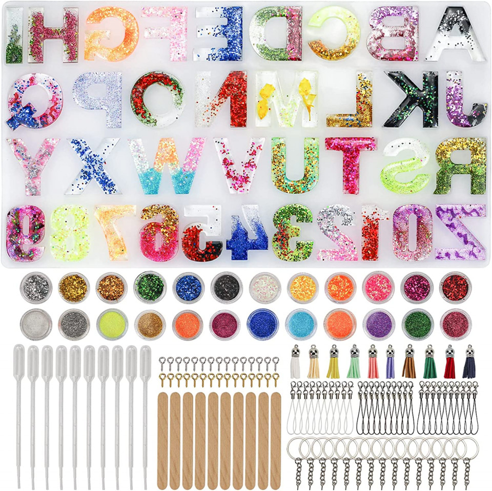Set de creatie cu matrita pentru numere 24 culori paiete si accesorii pentru brelocuri/pandative Episkey, silicon/plastic/metal, multicolor Accesorii imagine noua