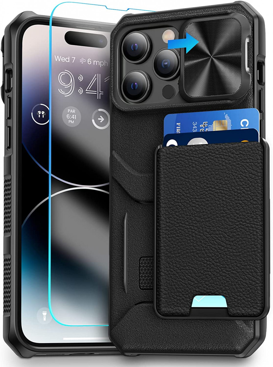 Set de husa si folie de protectie ecran pentru iPhone 14 Pro Max HWeggo, piele PU/sticla securizata, negru, 6,7 inci chilipirul-zilei.ro/