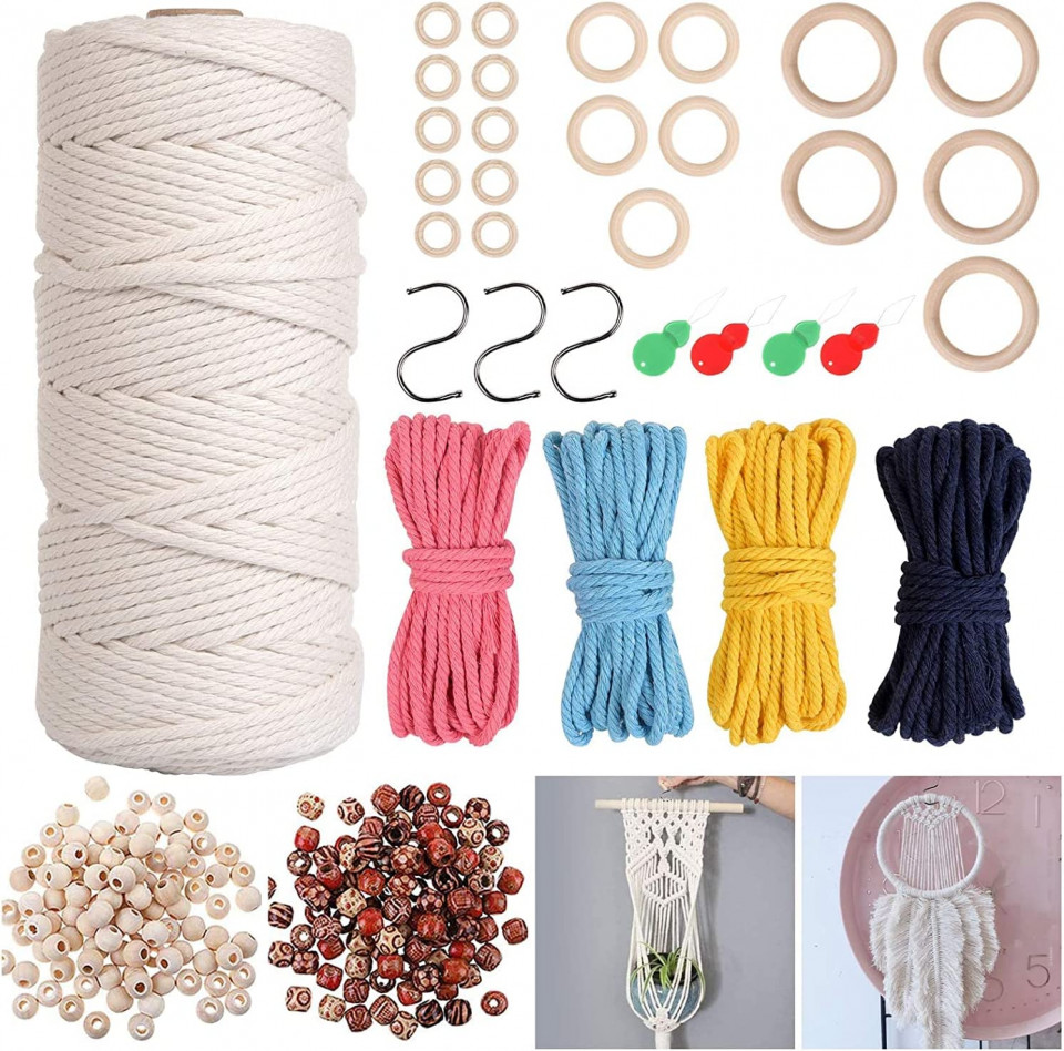 Set de macrame cu accesorii pentru creare decoratiuni SUPWALL, bumbac/lemn/metal, multicolor, 100 m / 4 x 5 m