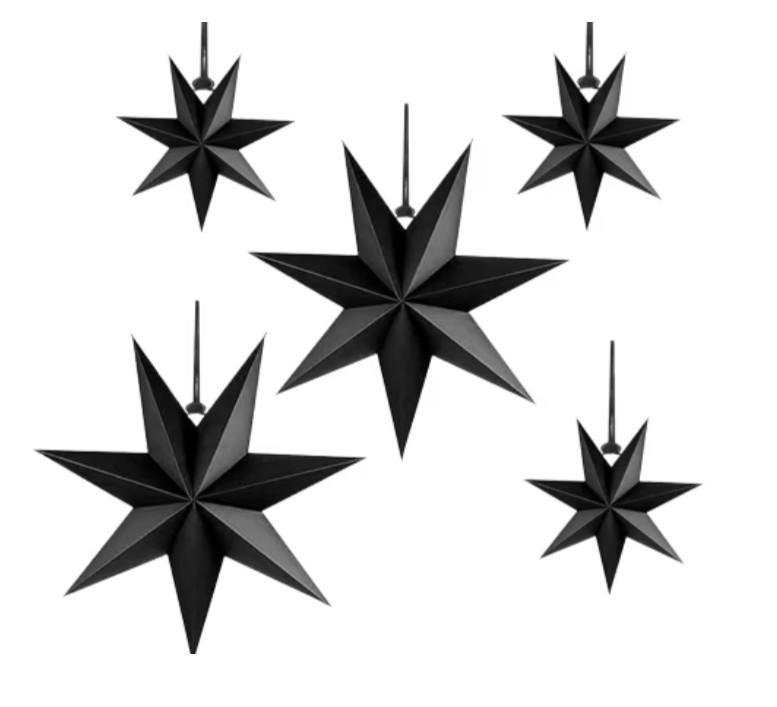 Set de stelute suspendate Sunshine Smile, 5 piese, negru, hartie, 2 x 40 cm/ 3 x 25 cm