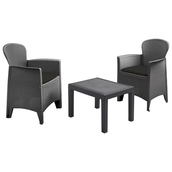 Set gradina/terasa, Progarden, AKITA, 3 piese, polipropilena, antracit, 2 scaune 59x57x85.5 cm, masa 59x46x40 cm, cu perne incluse, Resigilat, Grad A