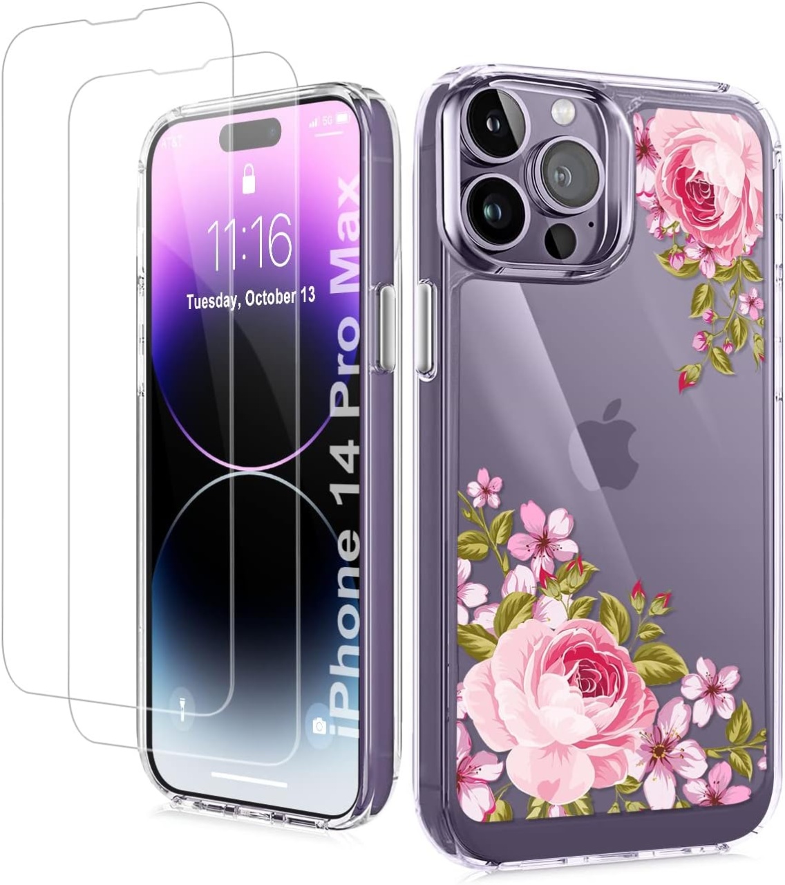 Set husa si 2 folii pentru iPhone 14 Pro Max Ciciber, TPU/sticla securizata, multicolor, 6,7 inchi