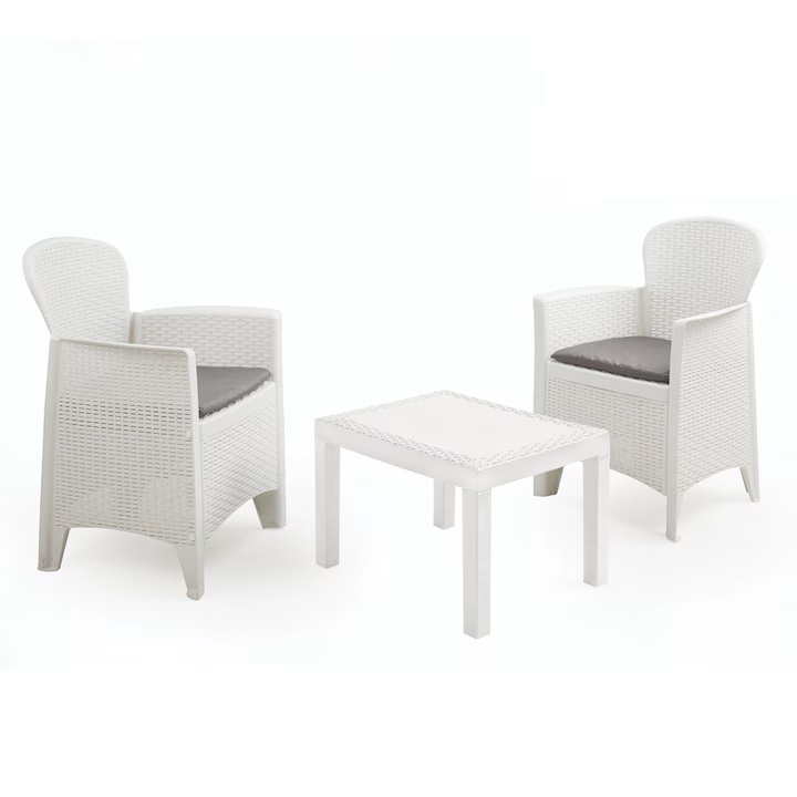Set mobilier gradina/terasa, Progarden, AKITA, 3 piese, polipropilena, alb, 2 scaune 59x57x85.5 cm, masa 59x46x40 cm, cu perne incluse, Resigilat,