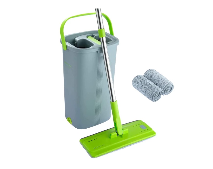 Set mop si galeata, mop plat cu maner din otel inoxidabil, galeata inovatoare cu doua camere pentru utilizare umeda si uscata, 2 Rezerve