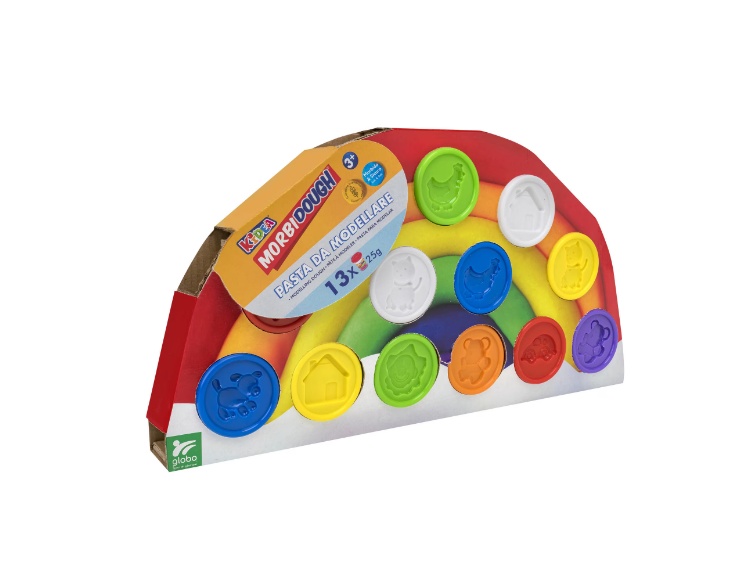 Set plastilina Curcubeu Globo Kidea, 13 culori x 25 g, cu forme de animale, pentru copii