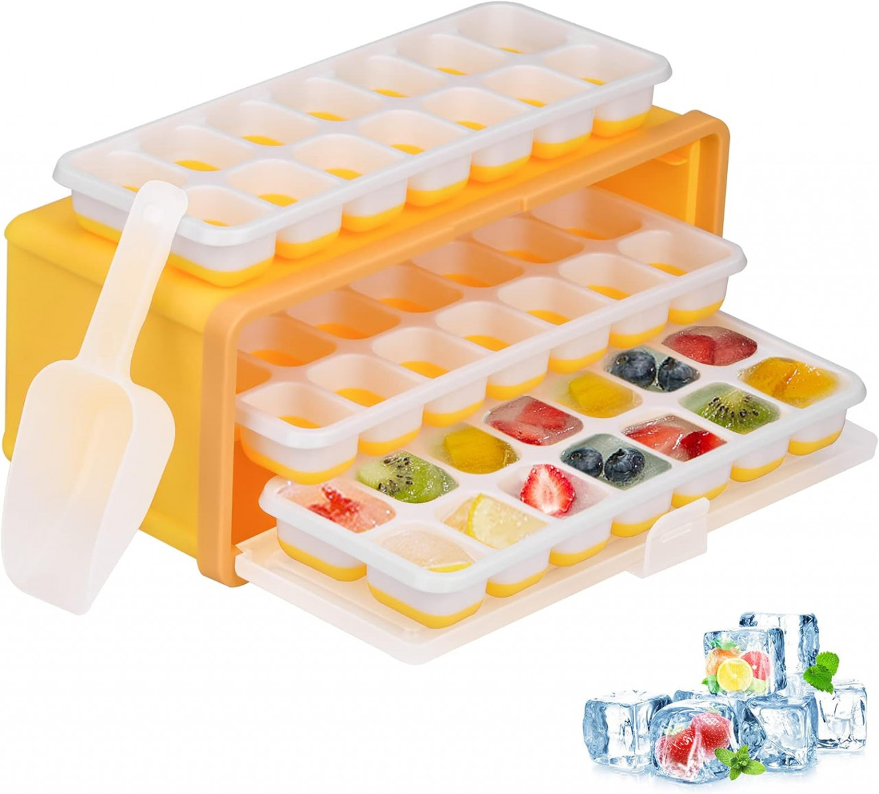 Set suport si 3 tavi pentru gheata AIBISTAR, polipropilena/TPR, alb/galben