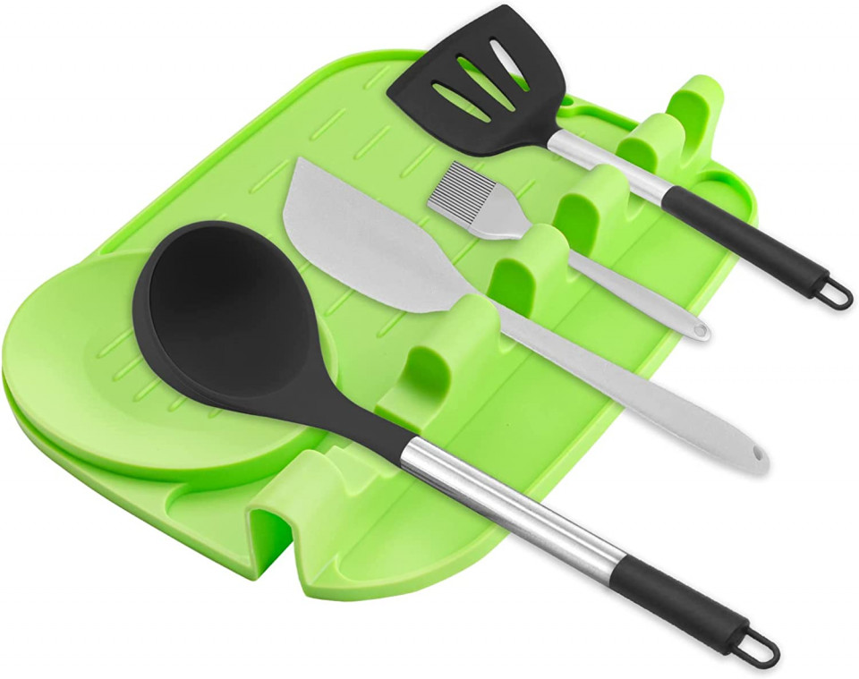Suport anti-picurare pentru 4 ustensile de gatit Ossky, silicon, verde, 25 x 19 x 3 cm