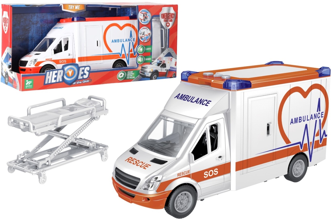 Ambulanta de jucarie pentru copii, Globo Heroes, alba, cu sunete si lumini specifice, baterii incluse, targa tip pat pacient, usi care se deschid,