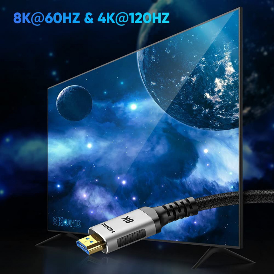 Cablu HDMI 2.1 SNOWKIDS, nailon/aliaj de aluminiu, gri/negru, 2 m, 8K
