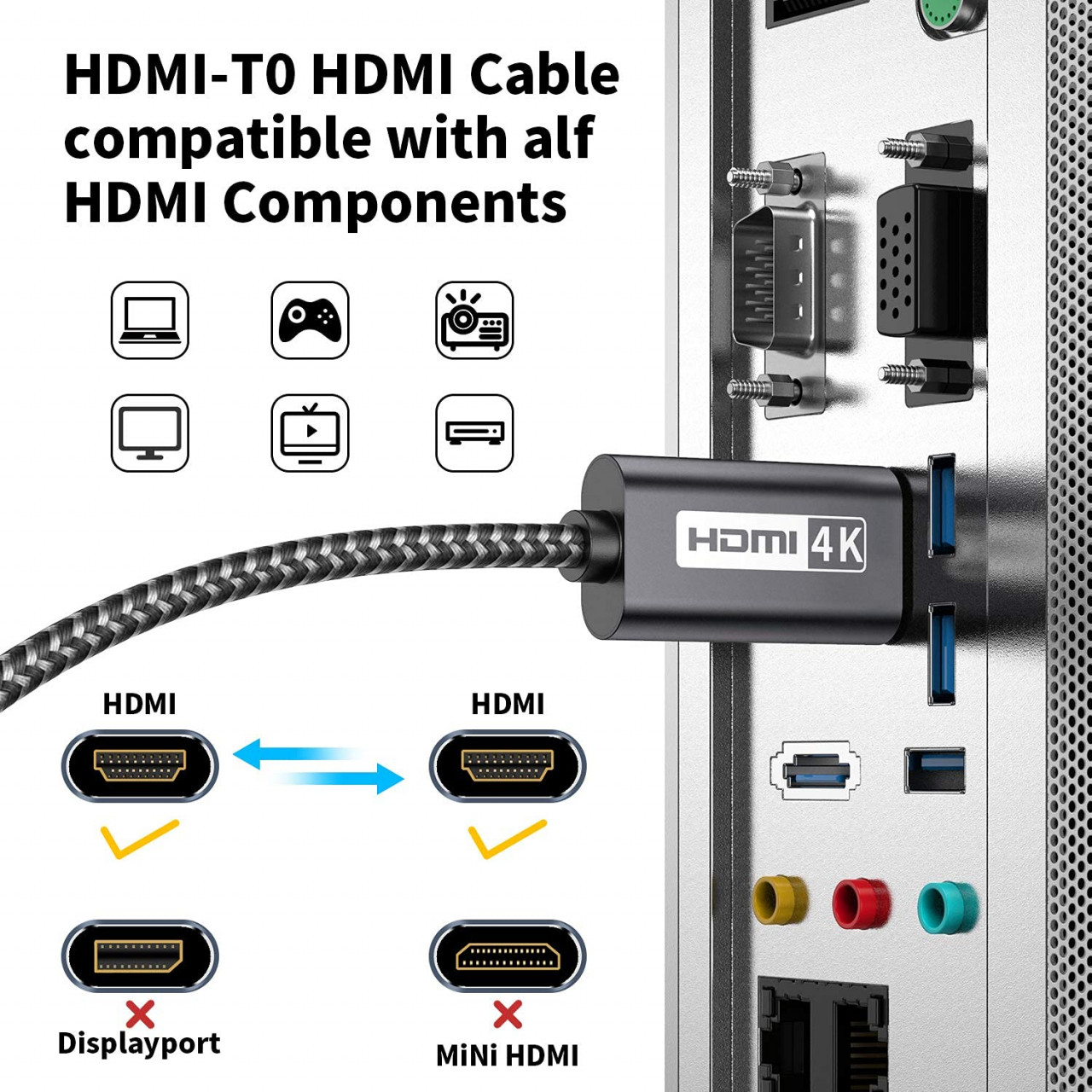 Cablu HDMI 4 K PIPIKA, 60 Hz, nailon/plastic/metal, gri/negru, 2 m