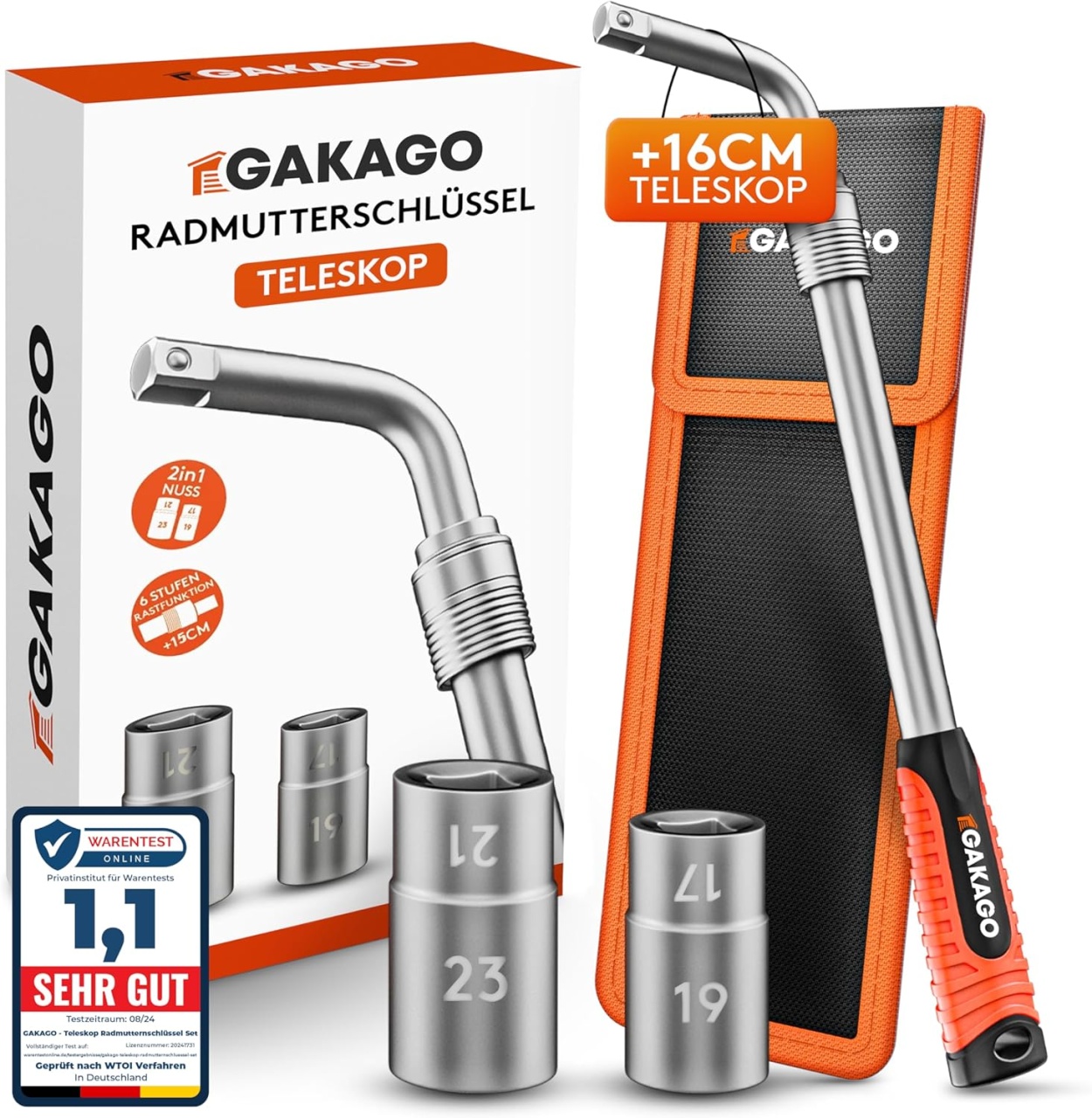 Cheie telescopica pentru roti si 2 tubulare 17/19 mm si 21/23 mm Gakago, otel crom-vanadiu, 39-55 cm