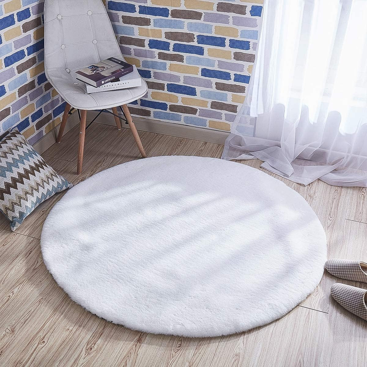 Covor rotund Hequn, poliester/blana artificiala, alb, 60 x 60 cm