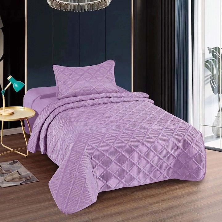 Cuvertura matlasata dimensiunea 160x230 cm cm si 1 fata de perna 50x70 cm, pat single, colectia Pucioasa, uni, model romburi, culoare lila