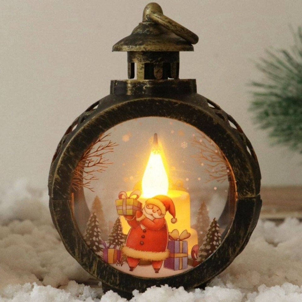 Decoratiune de Craciun felinar LED Heimanba, plastic/ sticla, bronz, 12 x 8,5 cm
