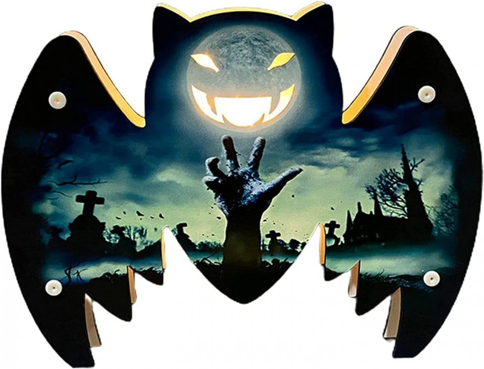 Poza Decoratiune pentru Halloween, LED, lemn, negru/albastru, 23,5 x 18 cm