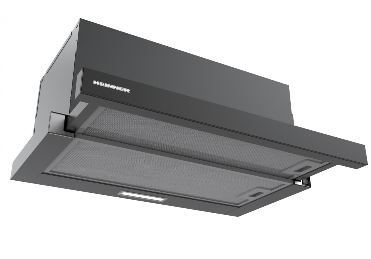 Hota telescopica Heinner HTCH-MD600GBK, 60cm, 630 m3/h, 2 trepte de viteza, motor: 1 x 215w, lumina led: 1 x 1.5w, 2 filtre aluminiu, diametru tub de