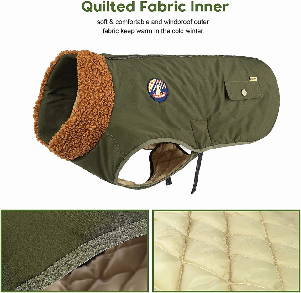 Poze Jacheta cu blana impermeabila pentru caine IREENUO, bumbac/nailon, verde, S
