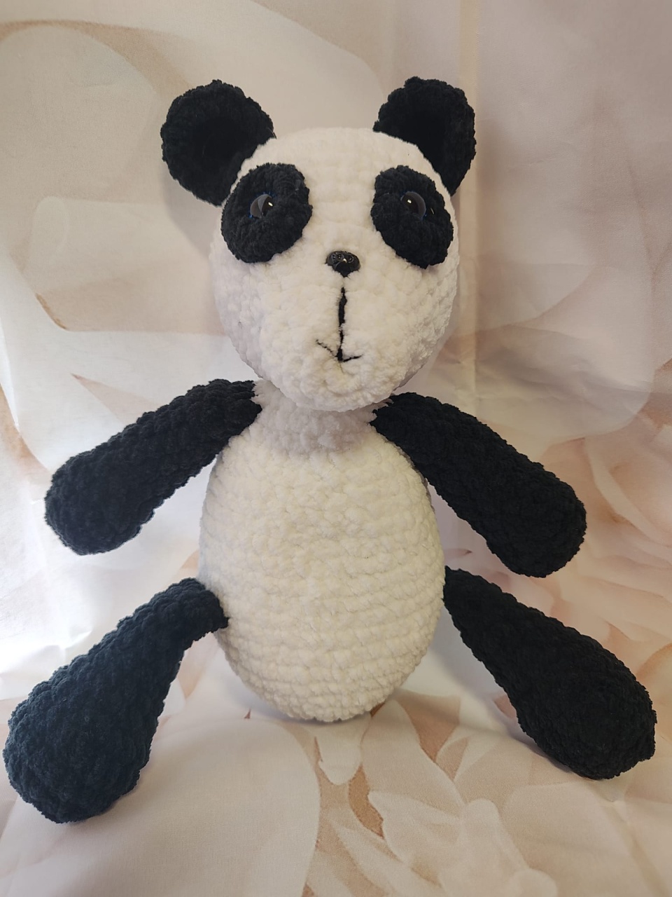 Jucarie de plus Ursulet Panda , lucrata manual, handmade, textil, roz/alb, 35 cm