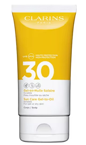 Lotiune pentru corp cu protectie solara Clarins Sun Care Gel-to-Oil, SPF 30, 150 ml, Resigilat, Grad B