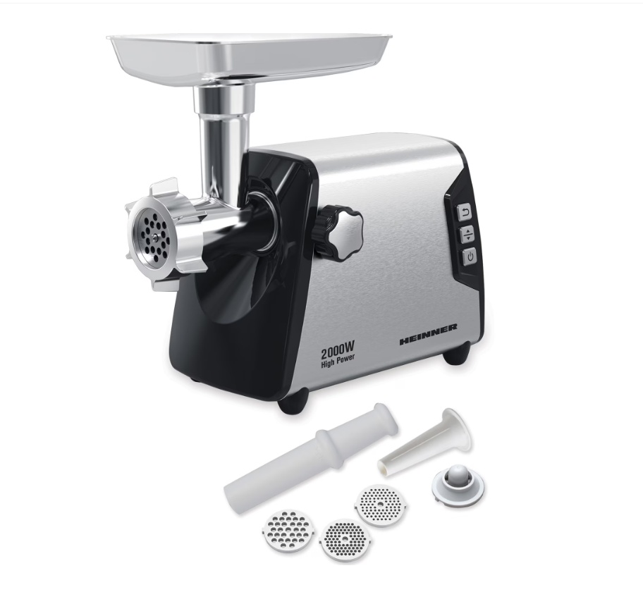 Masina de tocat Heinner HMG-Y2000SS, 2000W, angrenaj metalic si carcasa din aluminiu, capacitate tocare de 3kg/min, cutit inox, 3 site metalice,