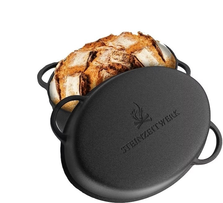 Oala cu capac Steinzeitwerk din fonta, 6 l, 2in1, pentru cuptor, plita, gaz, electric, cu inductie, ovala, 35x25x17 cm, negru, Resigilat, Grad A