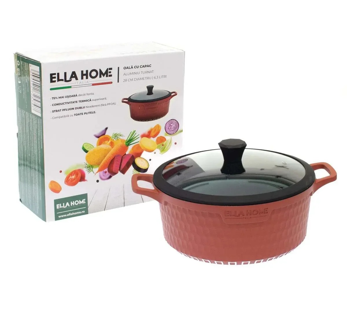 Oala din aluminiu turnat cu capac, Ella Home, visinie, 6.3L, 28 cm
