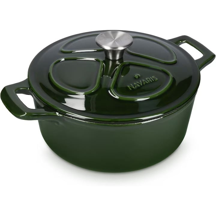 Oala fonta emailata Navaris, verde inchis, cu capac, pentru cuptor, plita, gaz, electric, cu inductie, cu infrarosu, 24 cm, 3.5 l, Resigilat, Grad A
