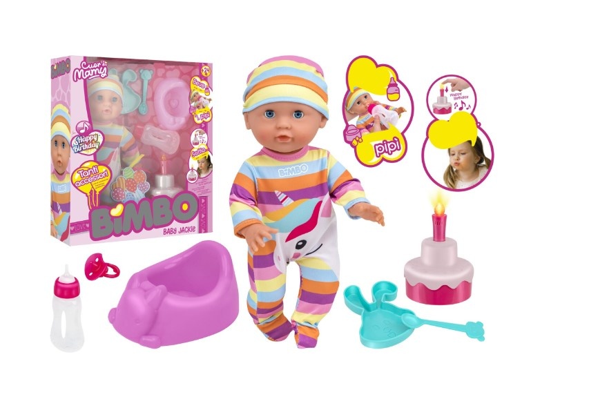 Papusa bebelus 30 cm, Globo Bimbo, cu pijama multicolora unicorn si caciulita, tort aniversar cu lumini si melodie specifica, accesorii hranire,