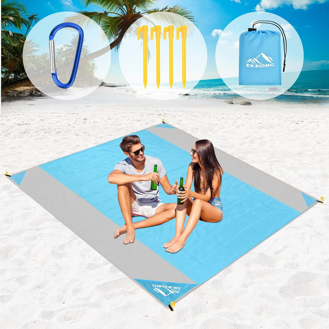 Patura pentru picnic Ekkong, poliester, albastru/gri, 200 x 210 cm