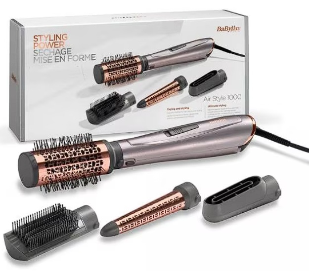 Perie cu aer cald Babyliss Air Style AS136E, 1000 W, invelis ceramic, 2 trepte de temperatura, 4 accesorii, gri, Resigilat, Grad A