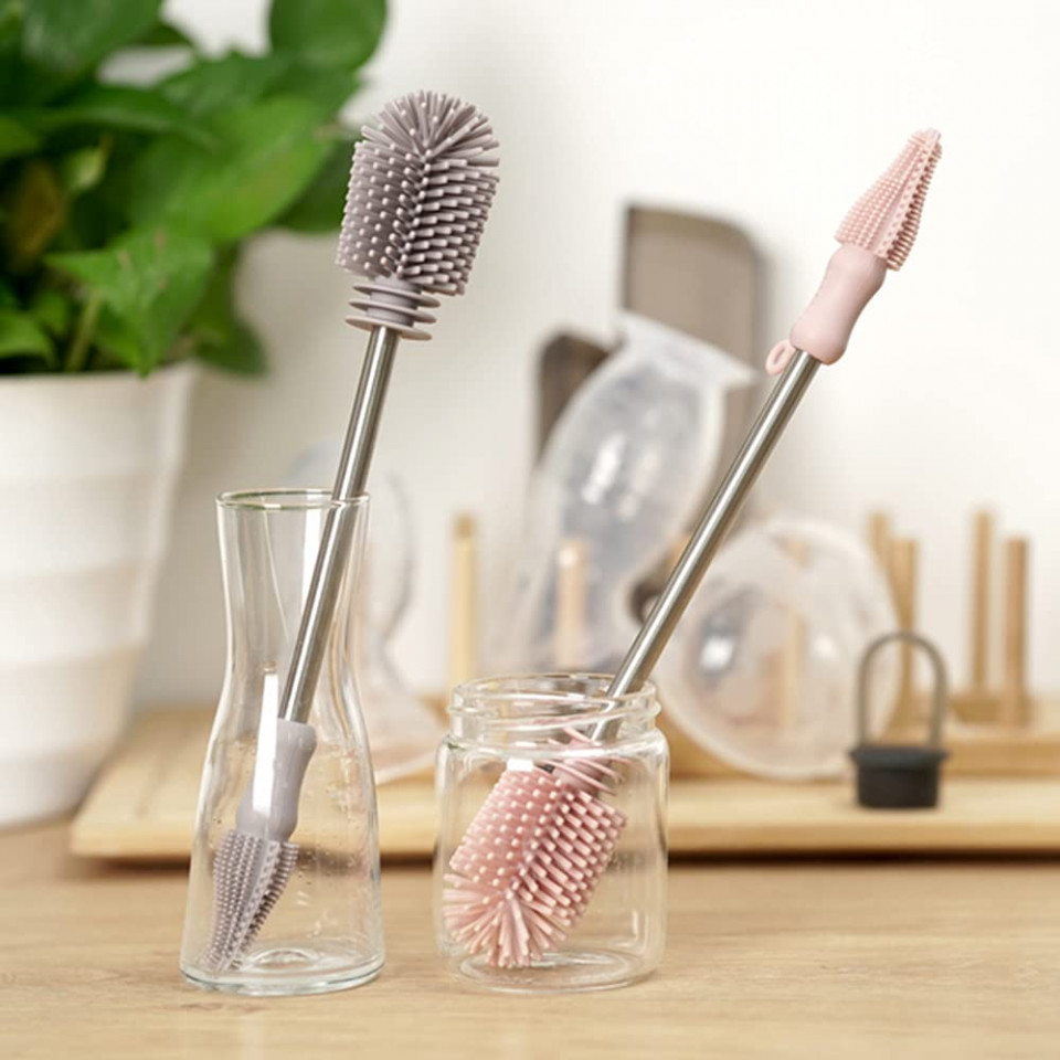 Poze Perie pentru curatarea sticlelor Haakaa, silicon, argintiu/roz, 26,4 x 4,3 cm