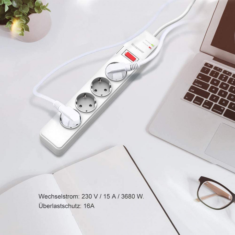 Poze Prelungitor cu 4 prize de siguranta IEcopower, control comutator, indicator luminos, ABS, 16 A, alb, 1,5 m