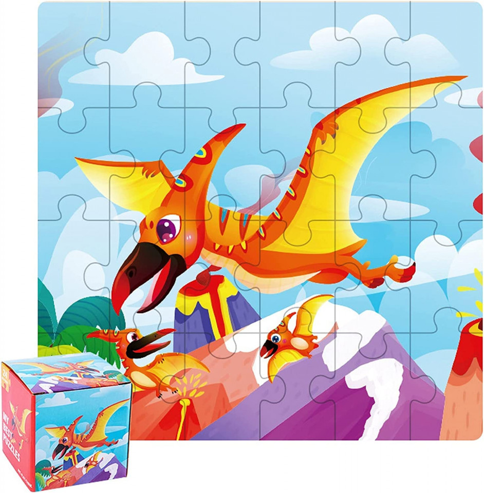 Puzzle pentru copii MazCo, model dinozaur, lemn, multicolor, 14 x 14 x 0,5 cm