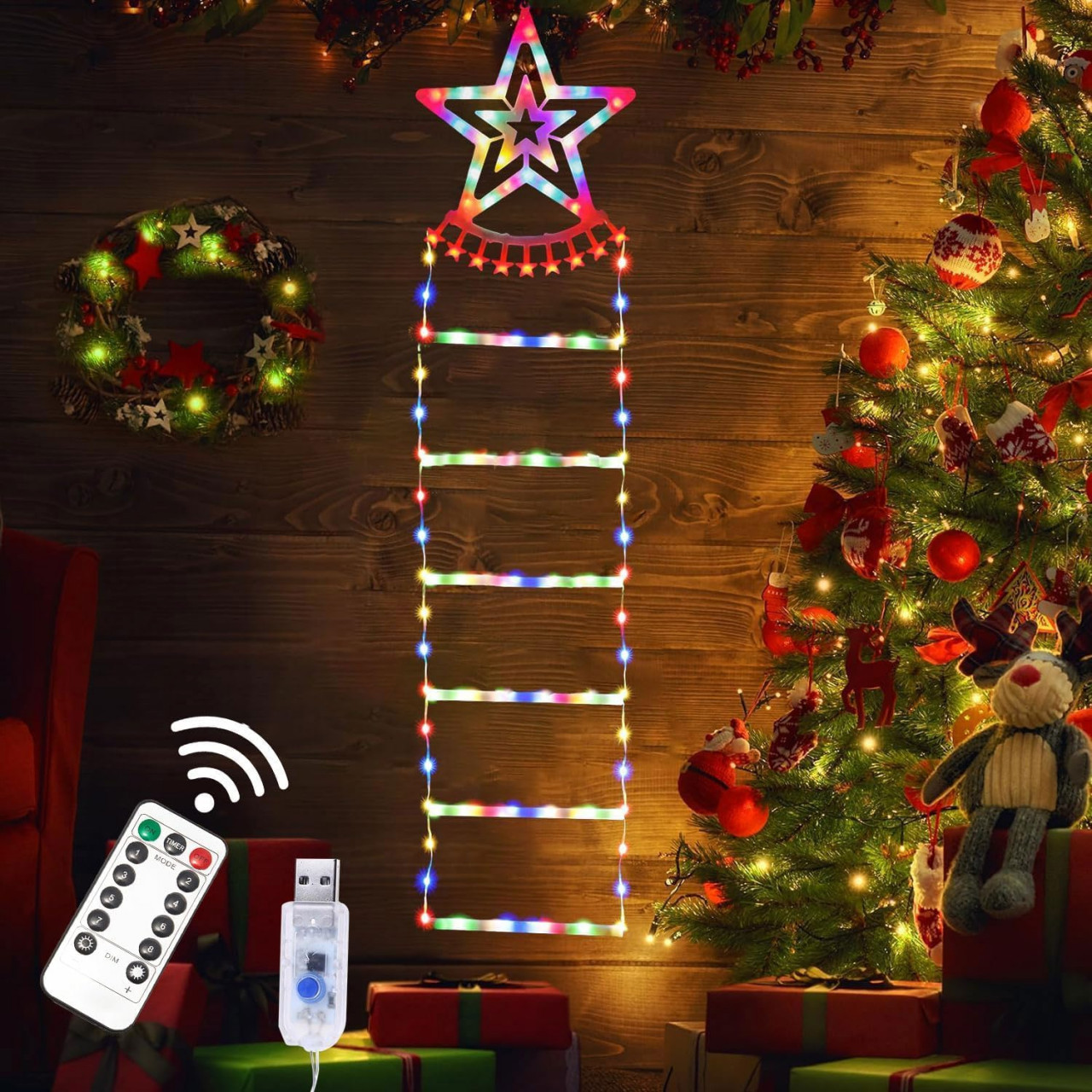 Scara pentru Mos Craciun YeahBoom, LED, metal/plastic, multicolor, 25 x 75 cm